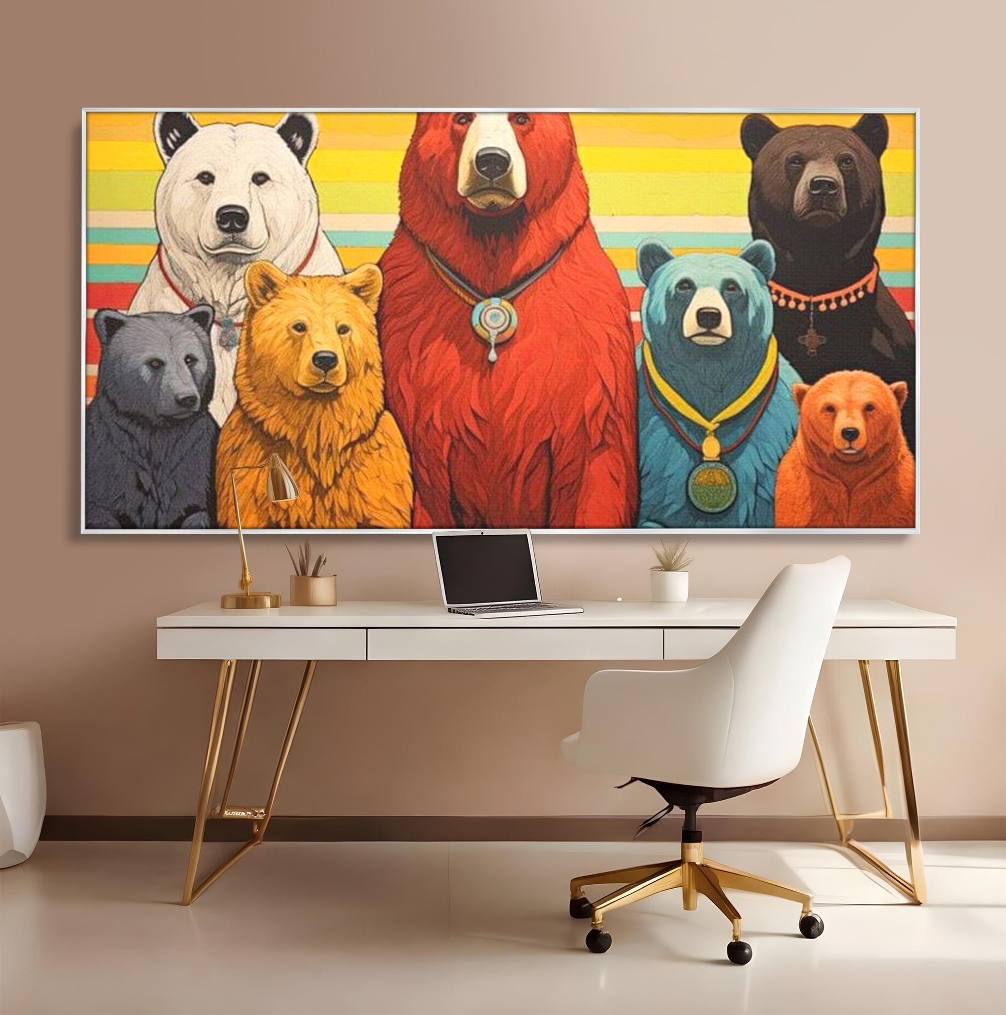 Tablou canvas cu ilustratie digitala cu ursi colorati, in rama de aluminiu argintiu, pe perete intr-un birou